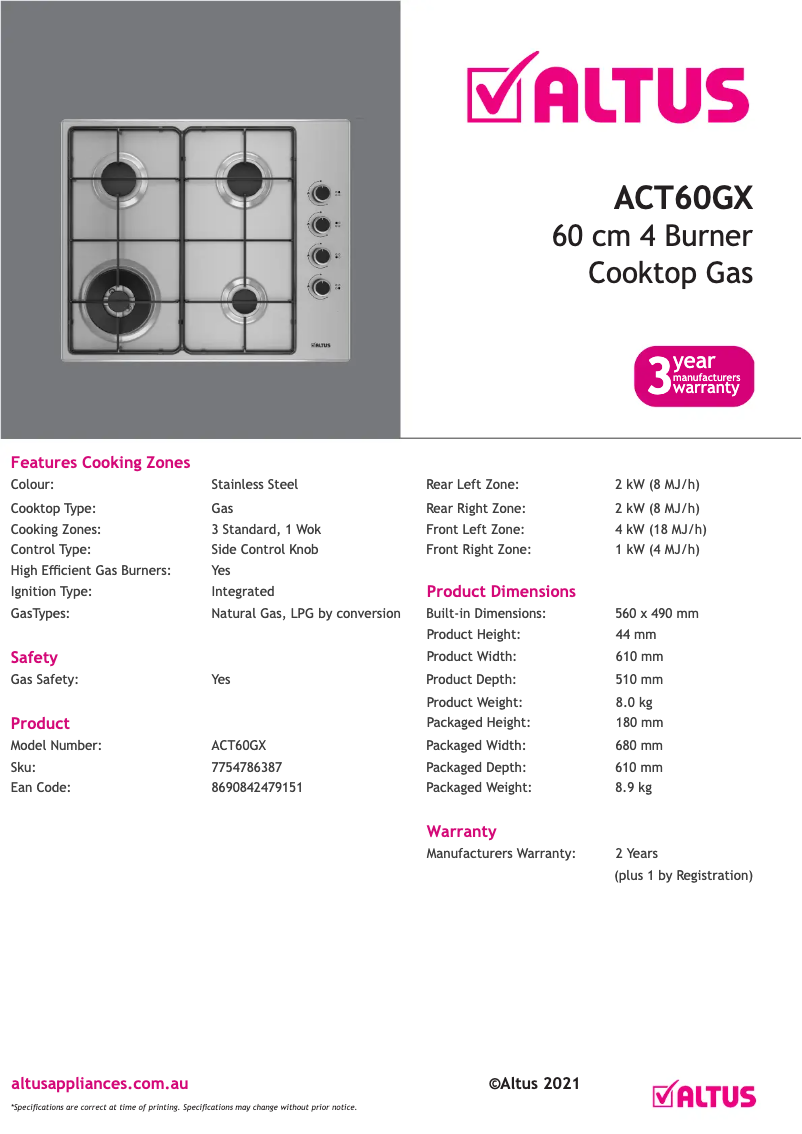 Page 1 of the manual Technical Sheet Altus ACT60GX