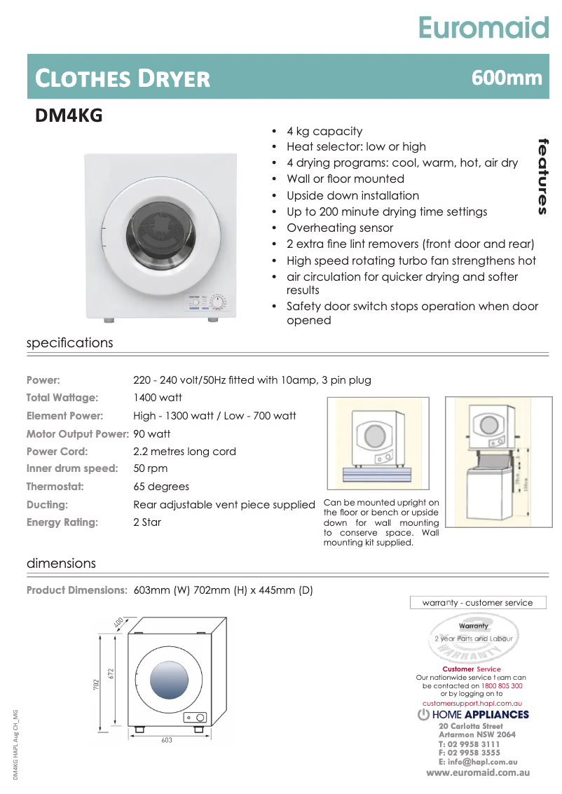 Page 1 of the manual Technical Sheet Euromaid DM4KG