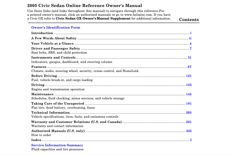 Page 1 of the manual User Manual Honda Civic (2005)