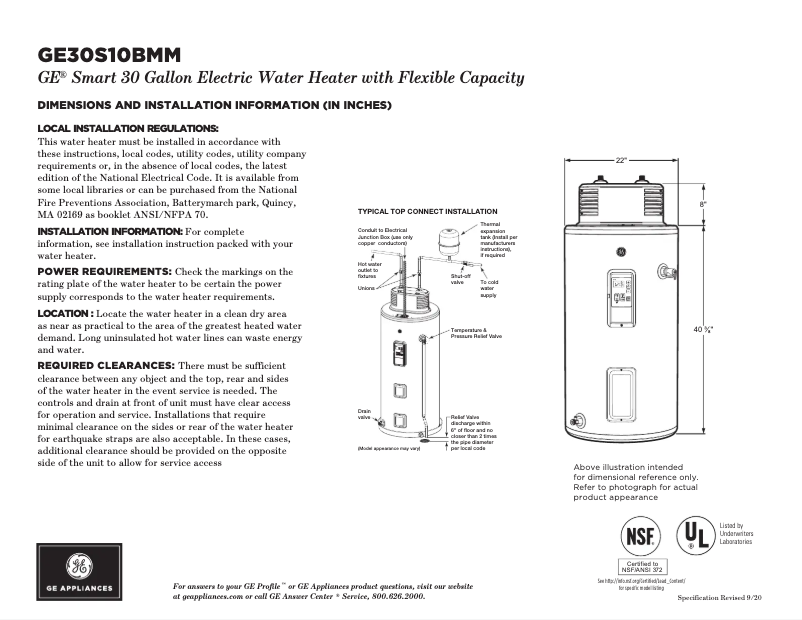 Page 1 of the manual Technical Sheet GE GE30S10BMM