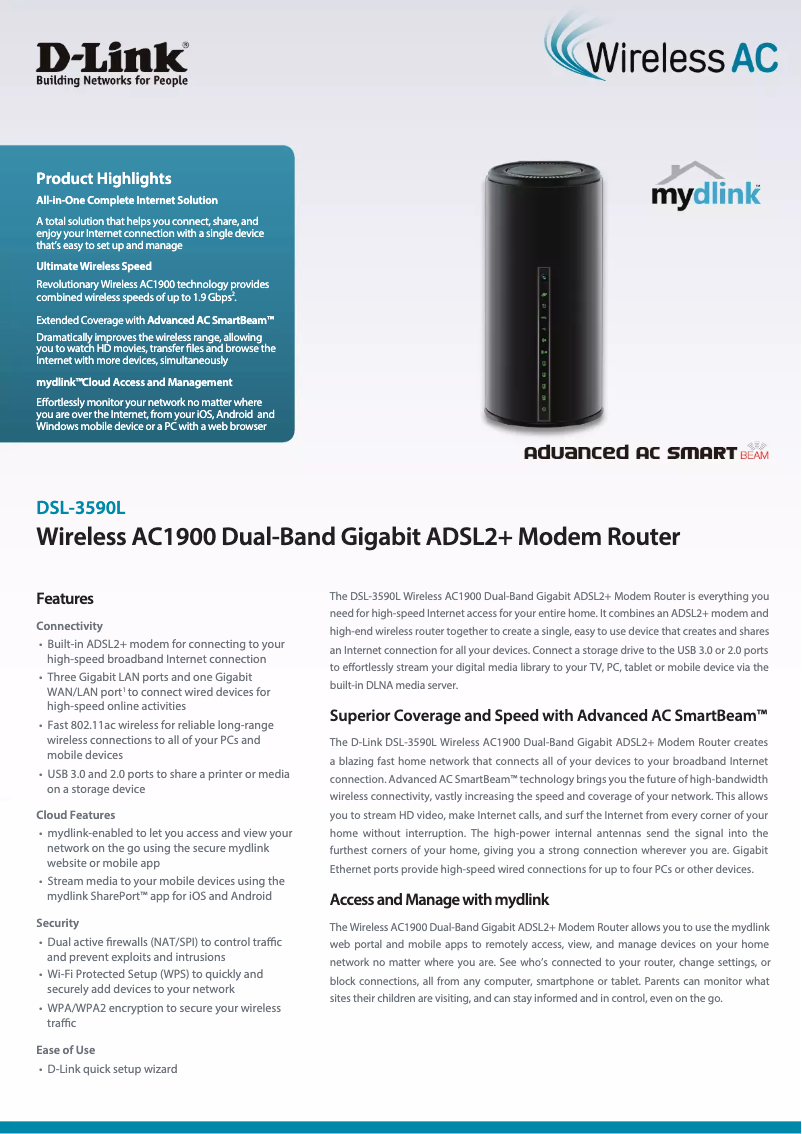 Page 1 of the manual Technical Sheet D-Link DSL-3590L