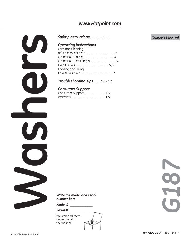 First page image of the manual for HTWP1400FWW