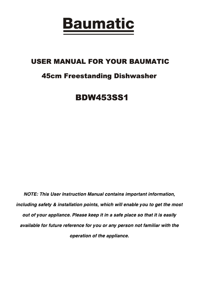 First page image of the manual for BDW453SS1