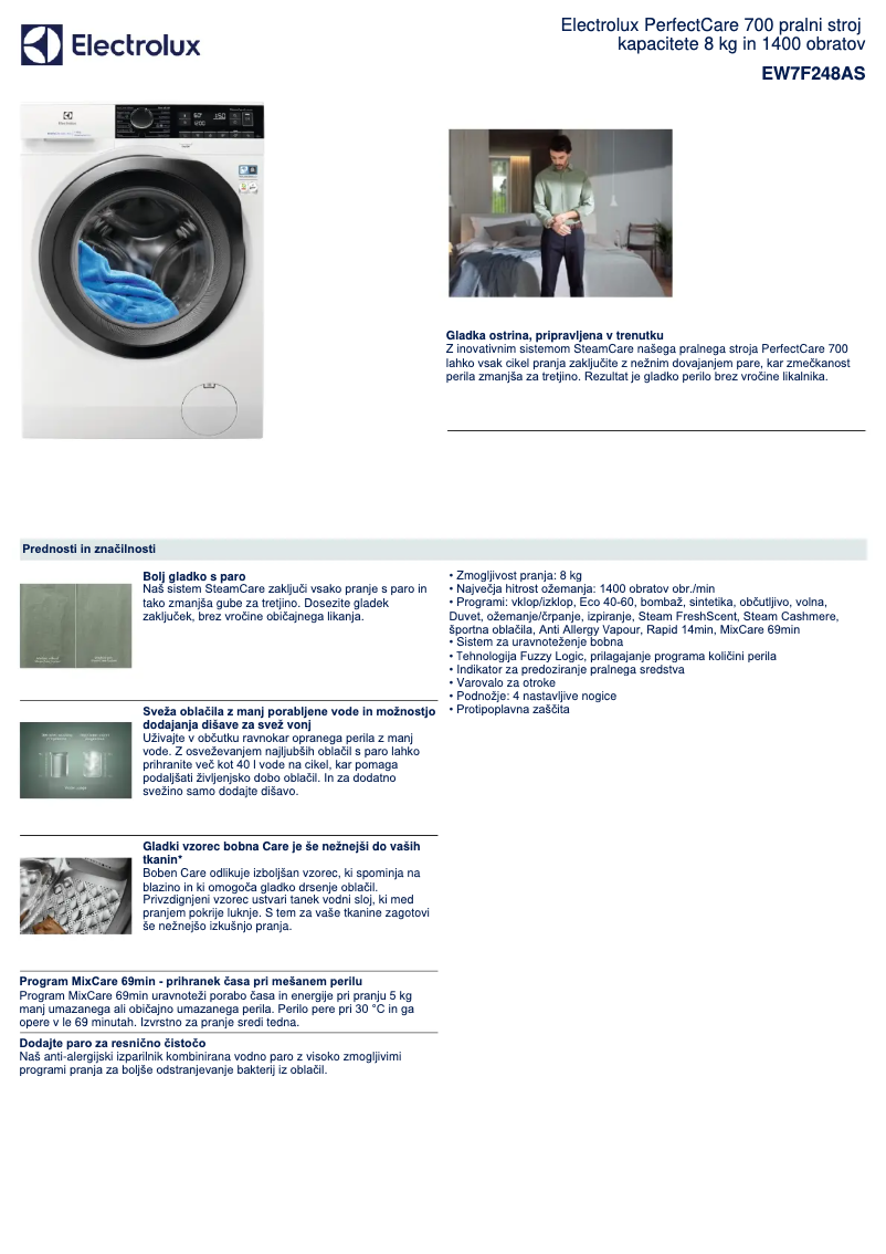 Page 1 of the manual Technical Sheet Electrolux EW7F248AS