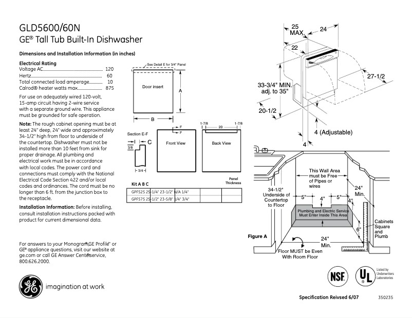 Page 1 of the manual Technical Sheet GE GLD5600NCC