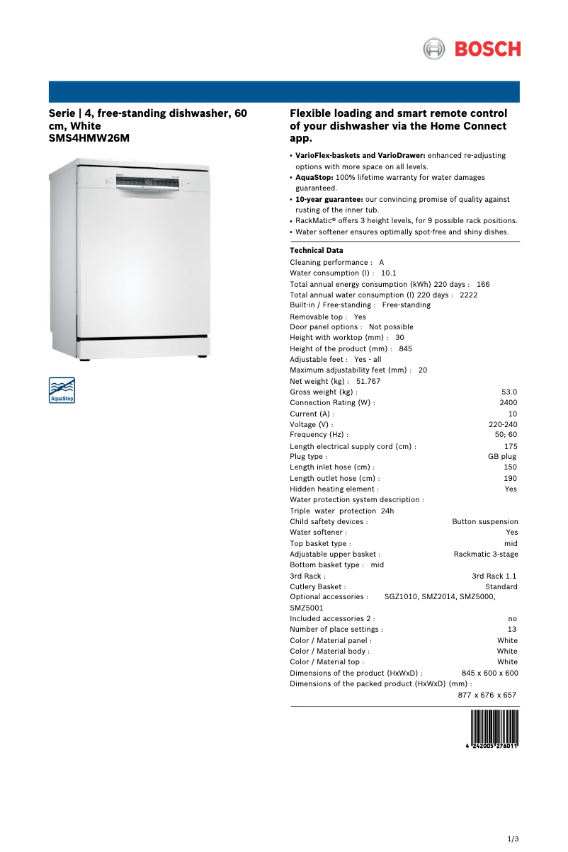Page 1 of the manual Technical Sheet Bosch SMS4HMW26M