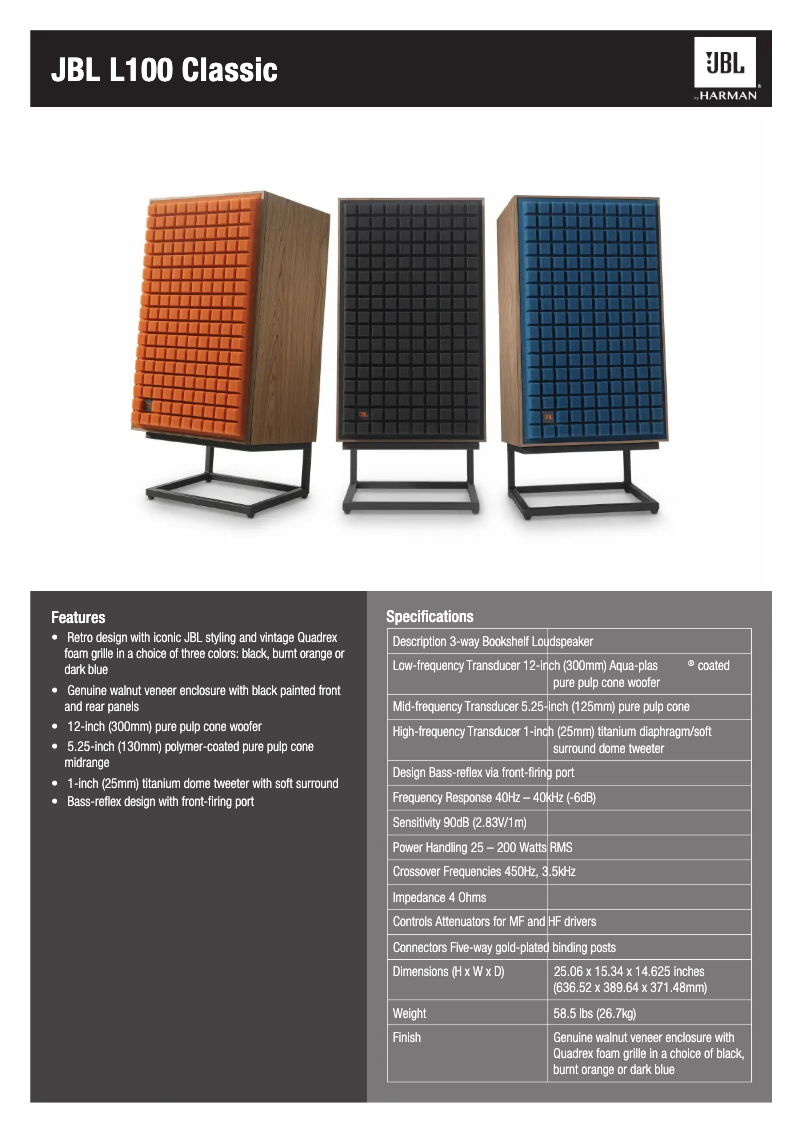 Page 1 of the manual Technical Sheet JBL L100 Classic