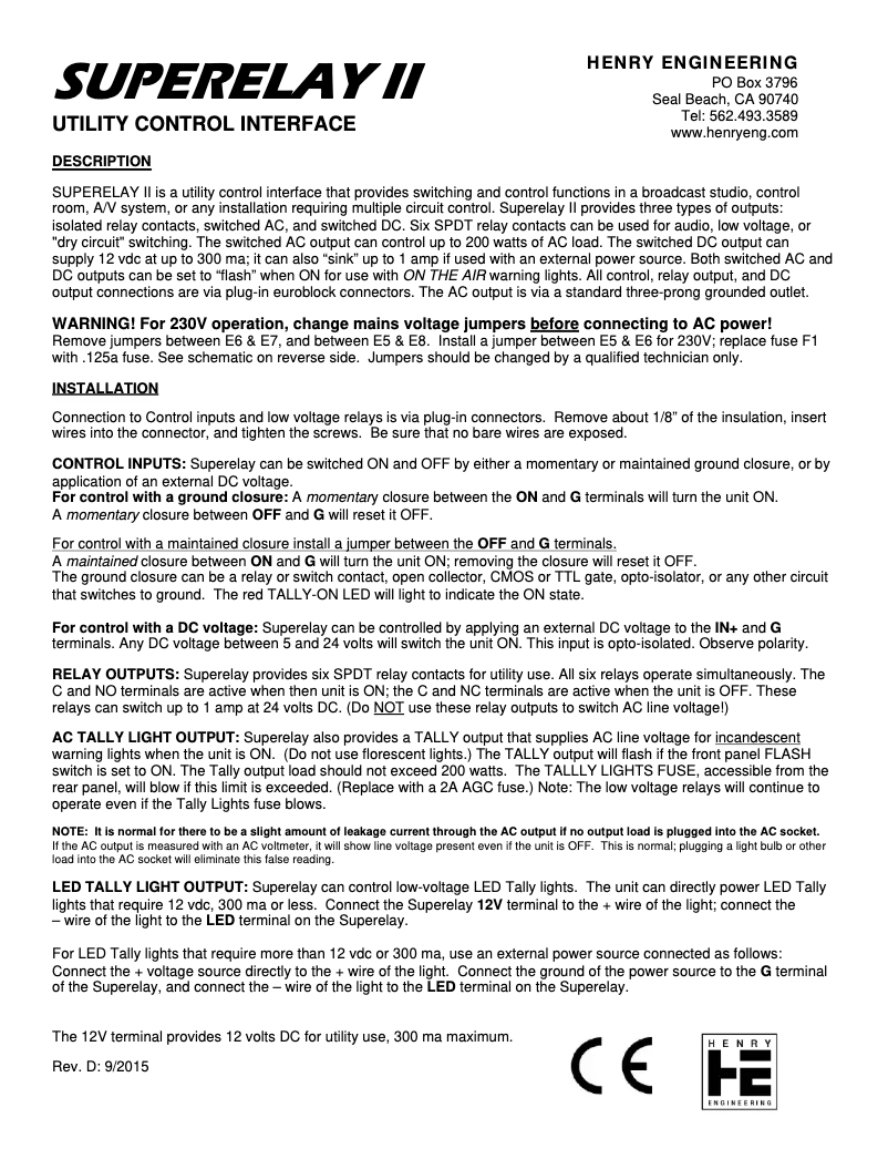 Page 1 of the manual User Manual Henry Engineering SUPERELAY II