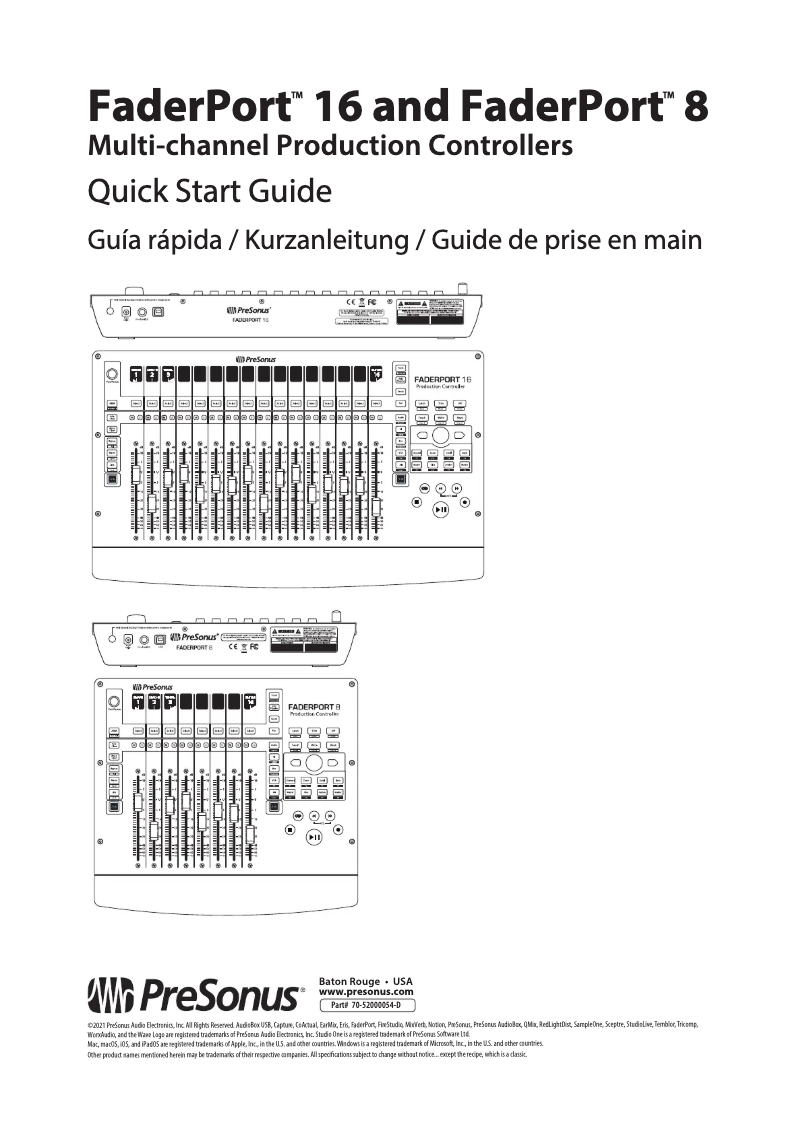 Page 1 of the manual Quick Start Guide PreSonus Faderport 8