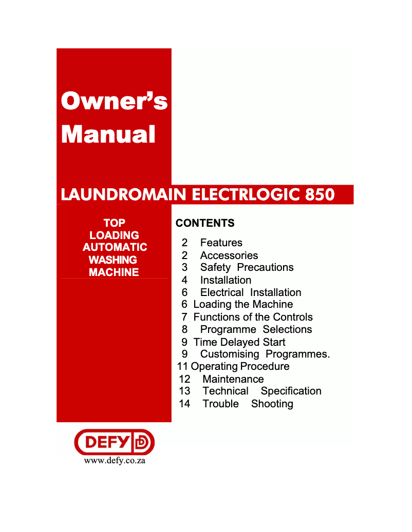 Page 1 of the manual User Manual Defy Laundromaid Electrologic 850