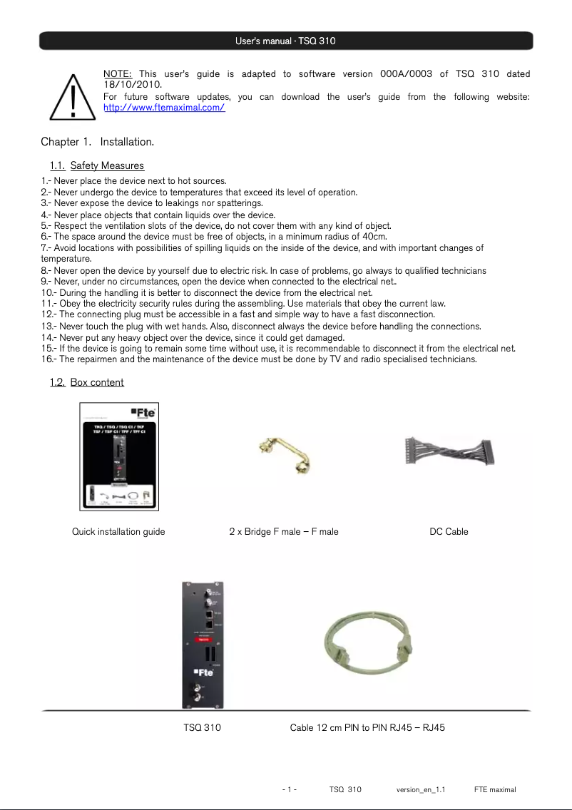 Page 1 of the manual User Manual Fte maximal TSQ 310