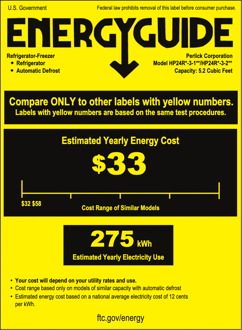 Page 1 of the manual Energy Label Perlick HP24RO-3-1R