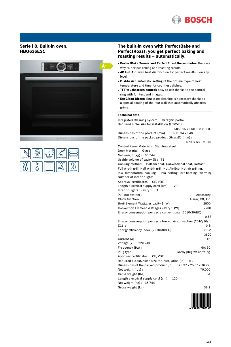 Page 1 of the manual Technical Sheet Bosch HBG636ES1