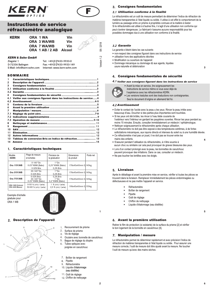 Page 1 of the manual User Manual Kern ORA 1WB