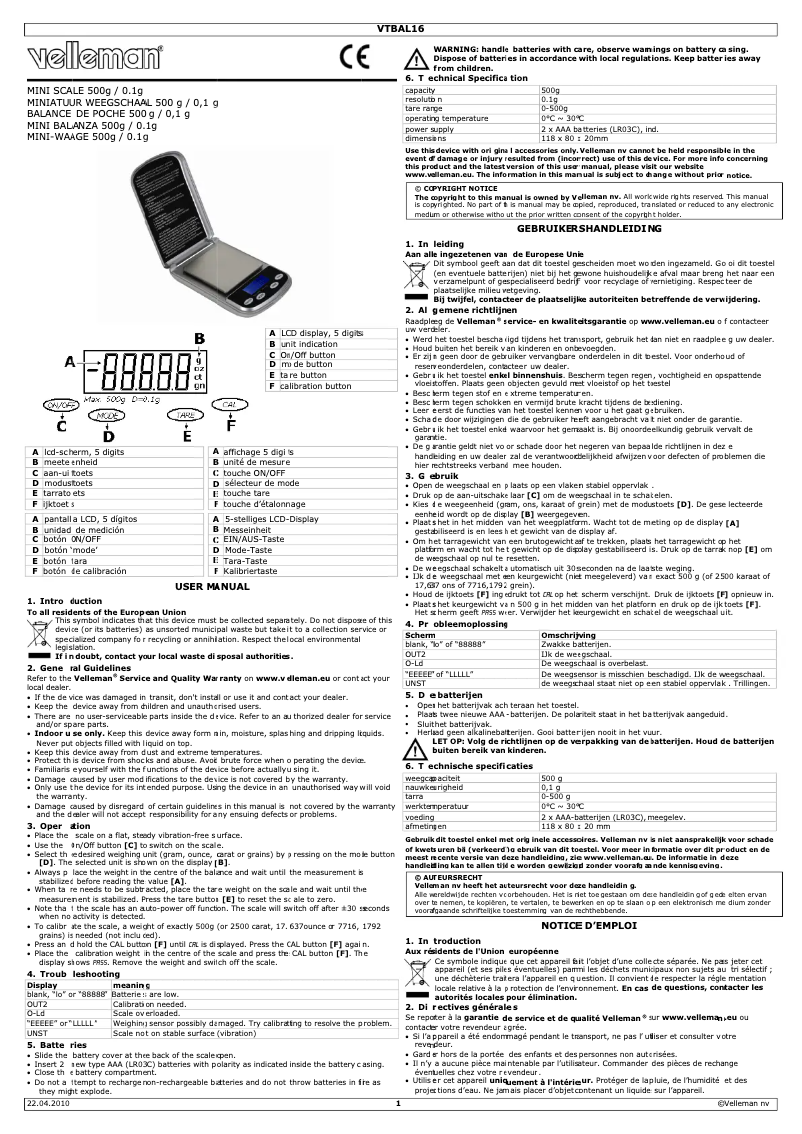 First page image of the manual for VTBAL16