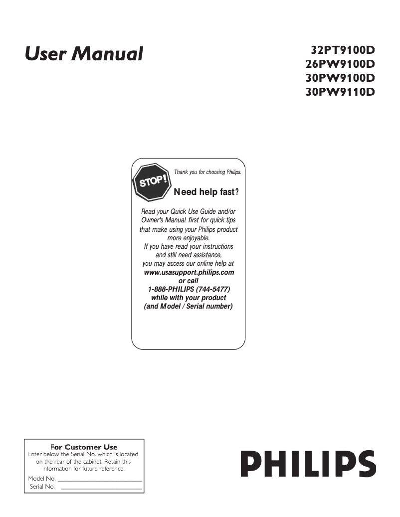 First page image of the manual for 26PW9100D