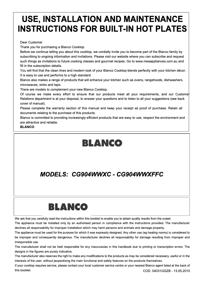 Page 1 of the manual User Manual BLANCO CG904WWXFFC