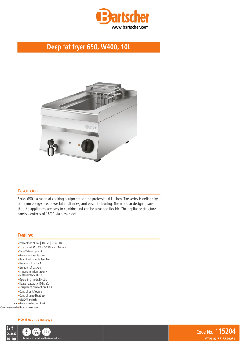 Page 1 of the manual Technical Sheet Bartscher 115204