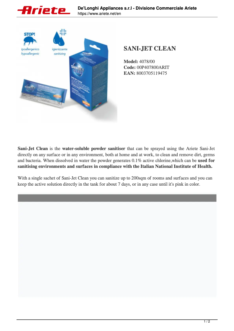 Page 1 of the manual User Manual Ariete Sani-Jet Clean 4078