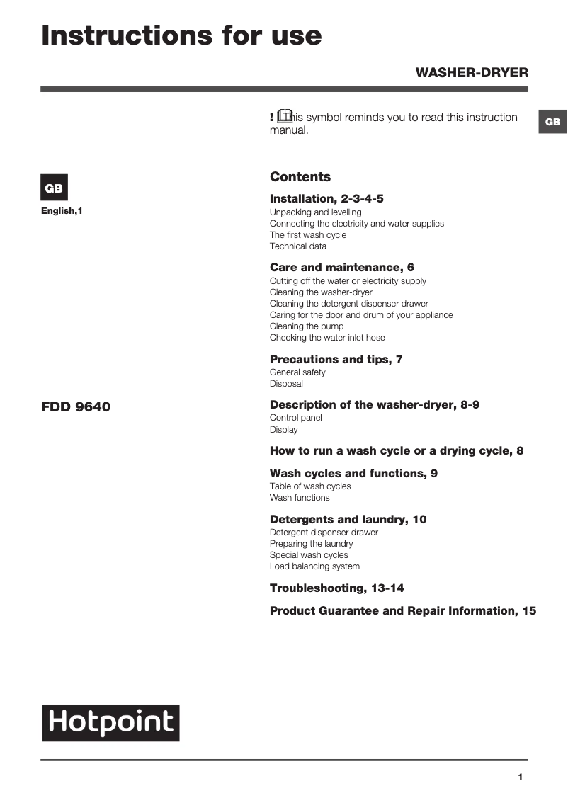 First page image of the manual for FDD 9640K UK