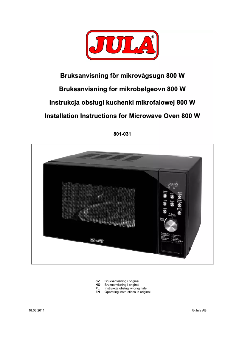 Page 1 of the manual User Manual Menuett 801-031