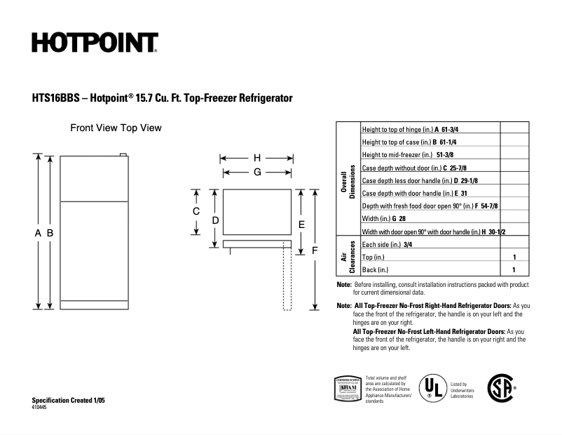 Page 1 of the manual Technical Sheet Hotpoint HTS16BBSLCC
