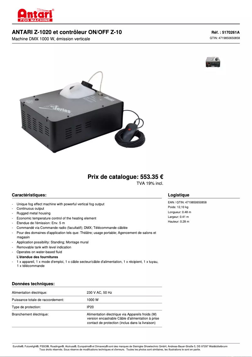 Page 1 of the manual Technical Sheet Antari Z-1020