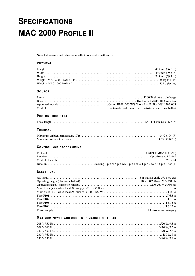 Page 1 of the manual Technical Sheet Martin MAC 2000 Profile