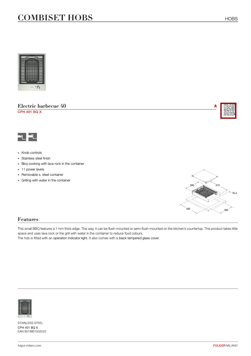 Page 1 of the manual Technical Sheet Fulgor Milano CPH 401 BQ X