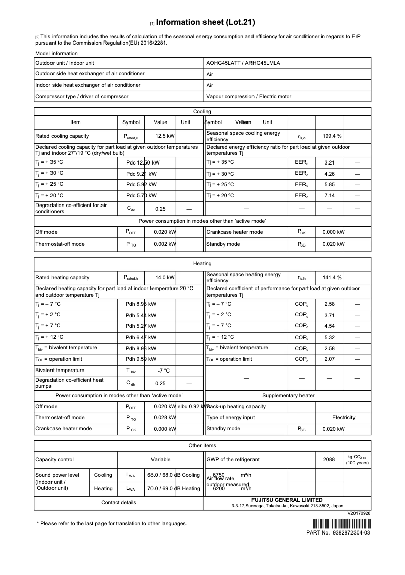 First page image of the manual for AOHG45LATT
