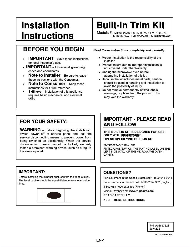 Page 1 of the manual User Manual Frigidaire FMTK2727AB