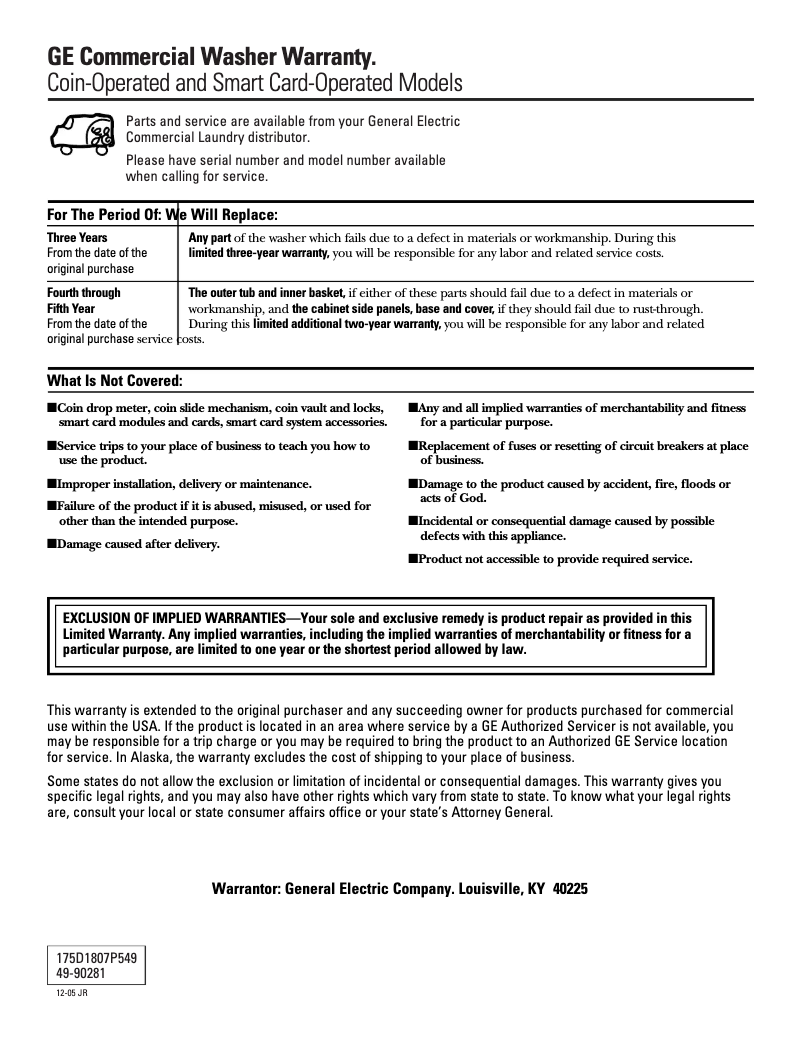 Page 1 of the manual Use and Maintenance Manual GE WLCD2050DWC
