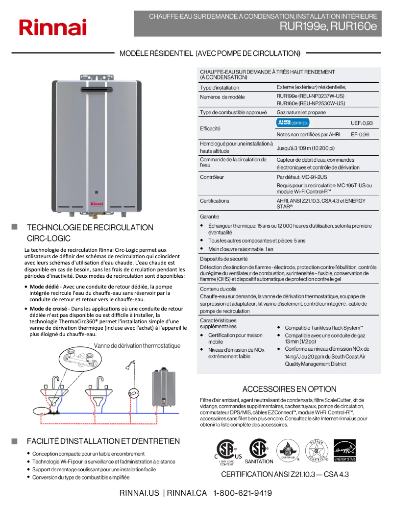 Page 1 of the manual Technical Sheet Rinnai RUR199eN