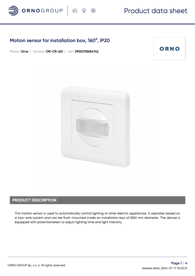 Page 1 de la notice Fiche technique ORNO OR-CR-261
