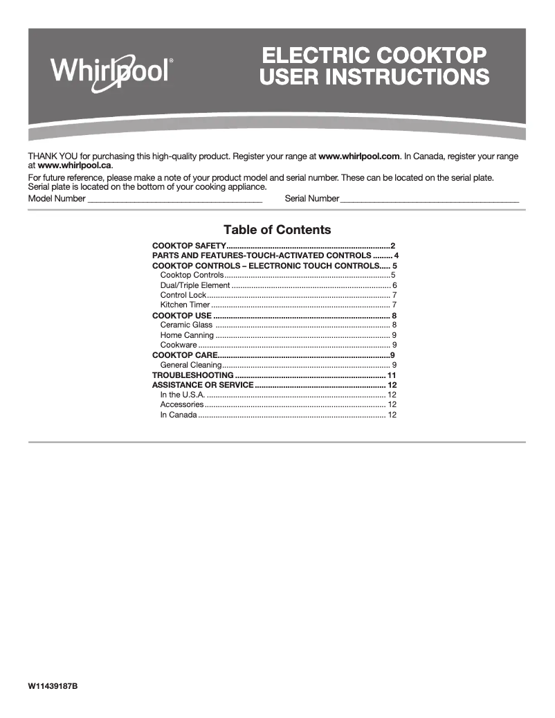 Page 1 of the manual Warranty Information Whirlpool WCE97US0KB