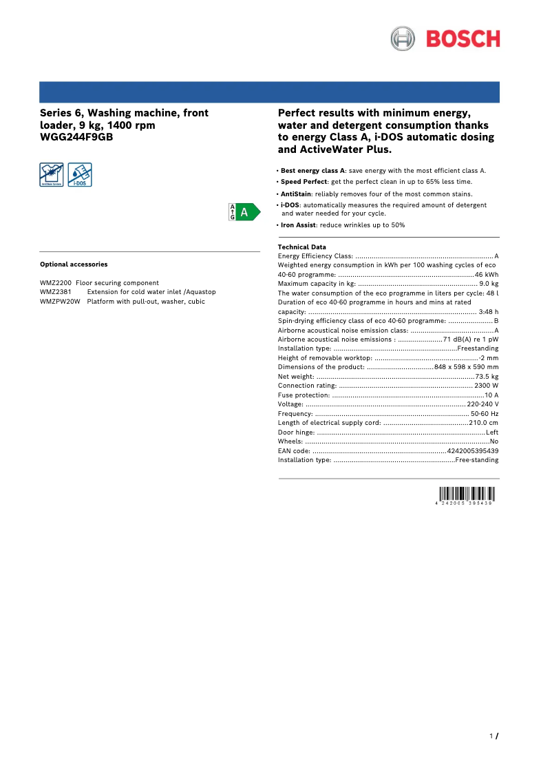 First page image of the manual for WGG244F9GB