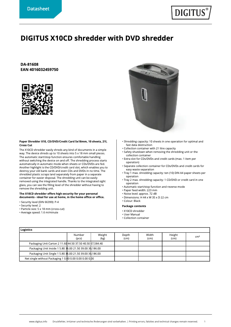 Page 1 of the manual Technical Sheet Digitus DA-81608