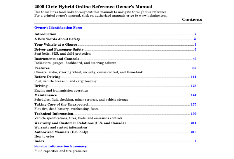 Page 1 of the manual User Manual Honda Civic Hybrid (2005)