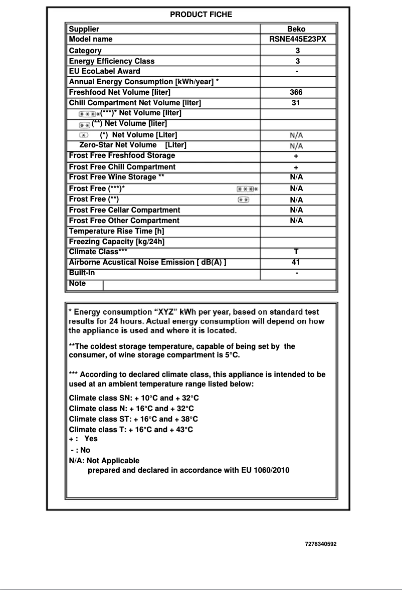 Page 1 of the manual Technical Sheet Beko RSNE445E23PX