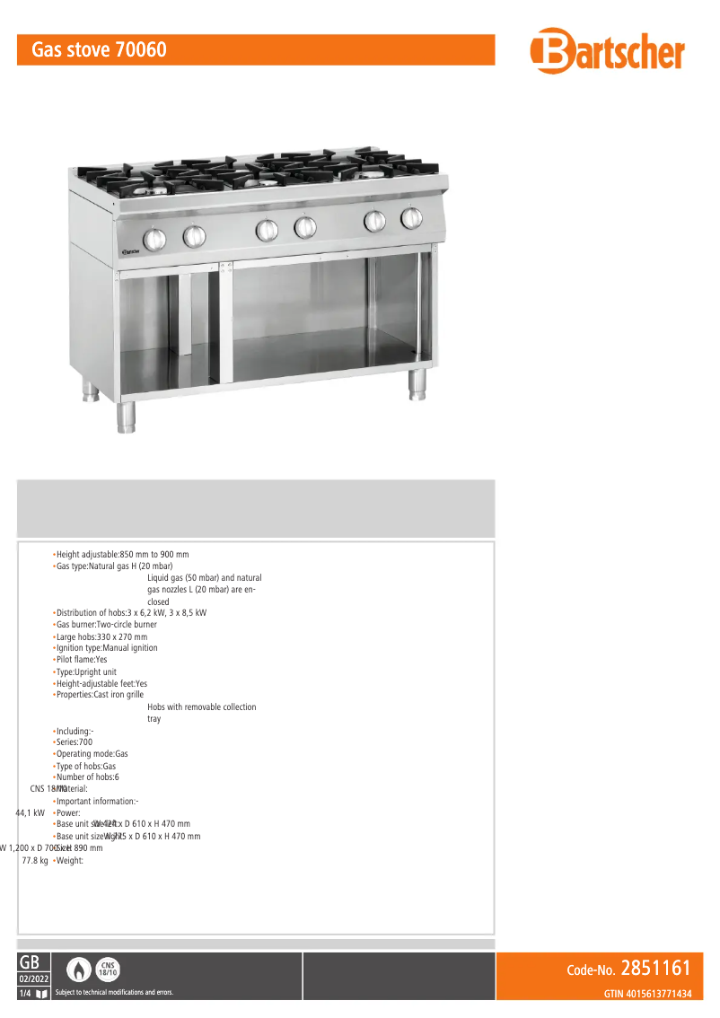 Page 1 of the manual Technical Sheet Bartscher 2851161