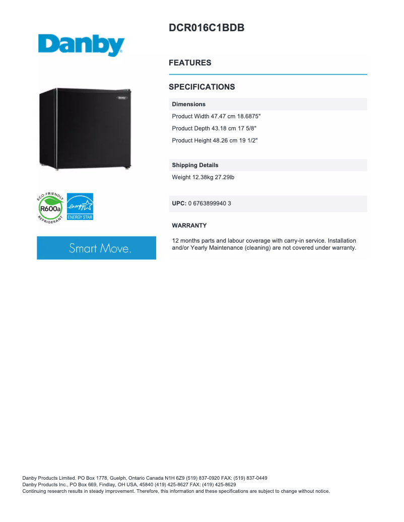 Page 1 of the manual User Manual Danby DCR016C1