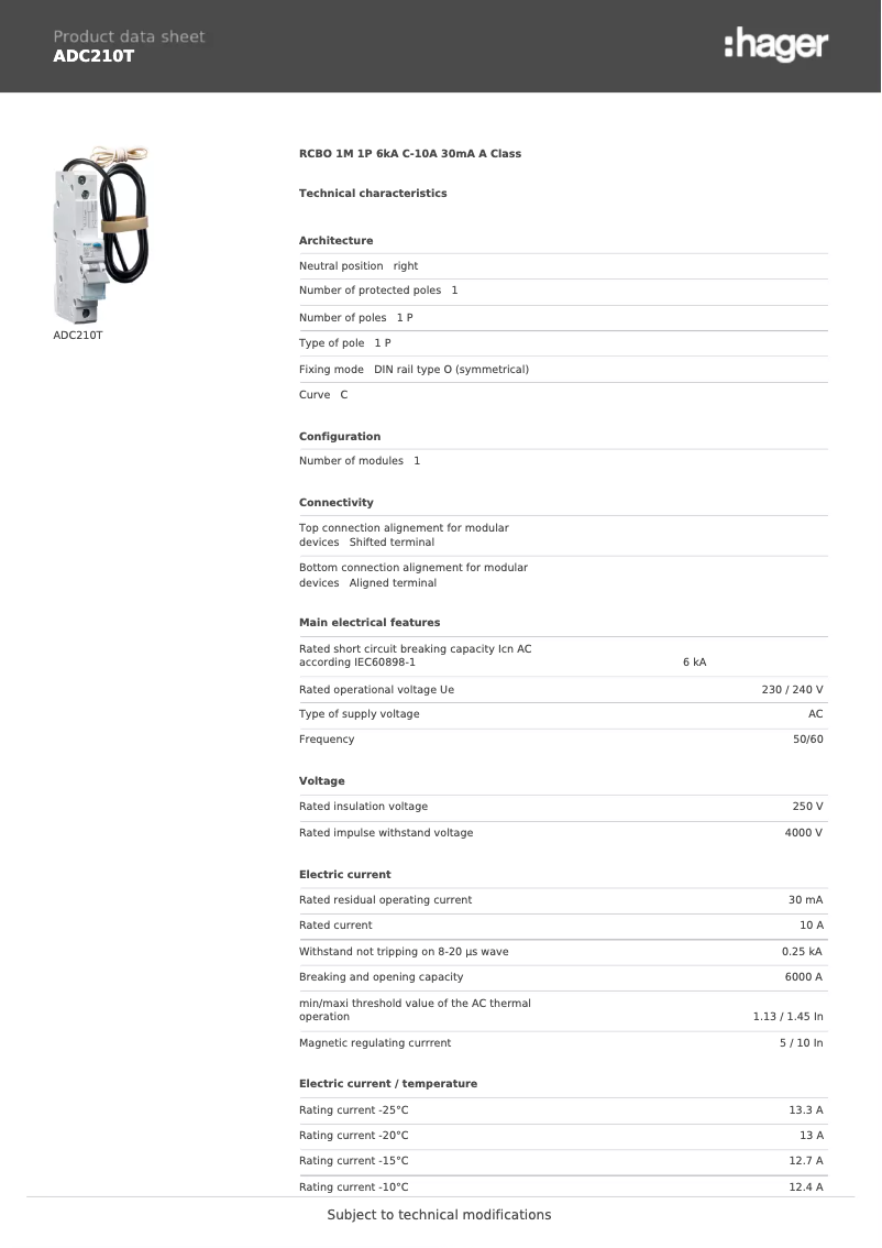 Page 1 of the manual Technical Sheet Hager ADC210T