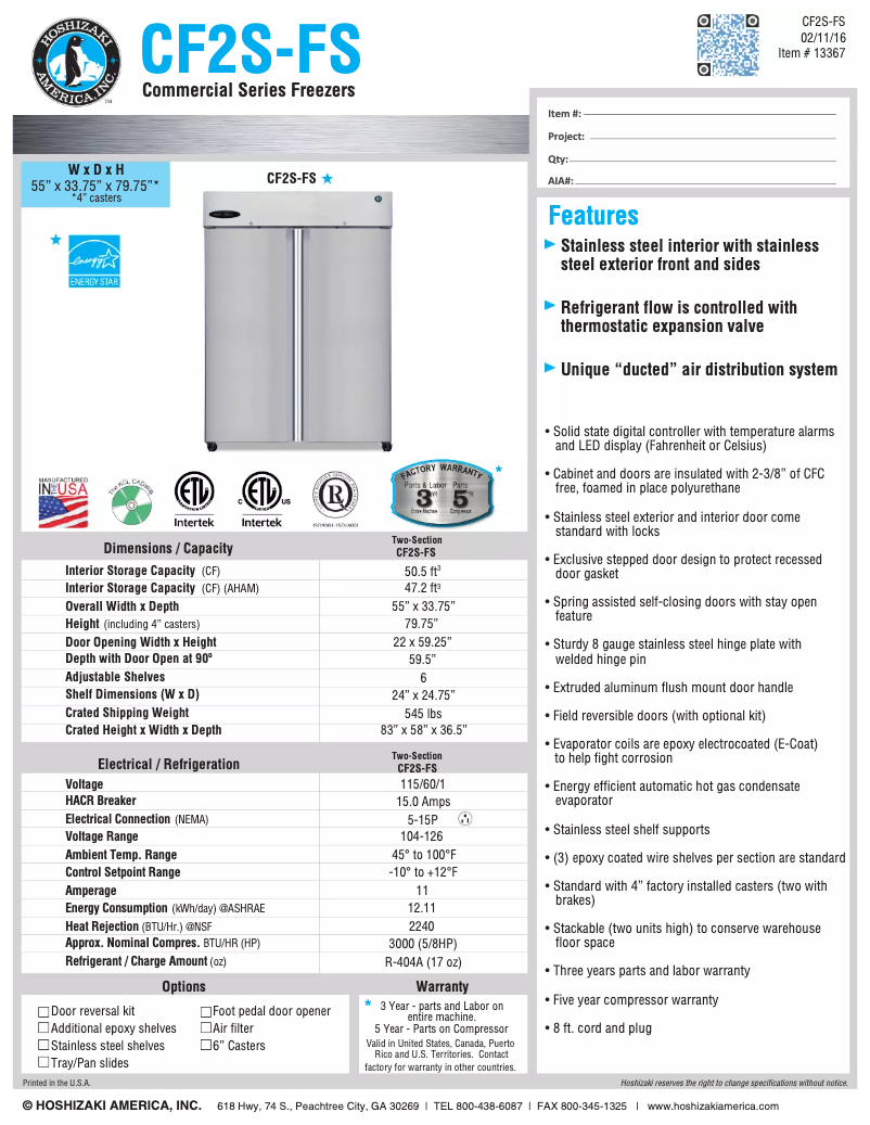 First page image of the manual for Commercial CF2S-FS