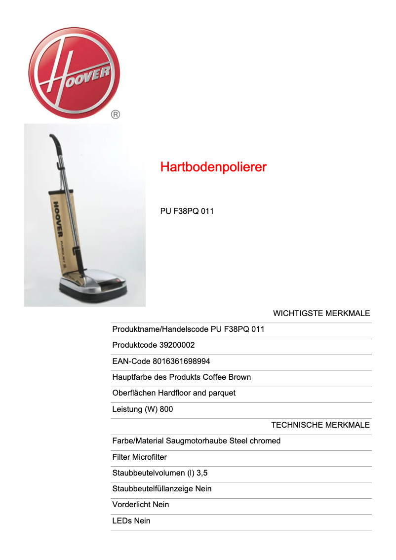 Page 1 de la notice Fiche technique Hoover PU F38PQ 011