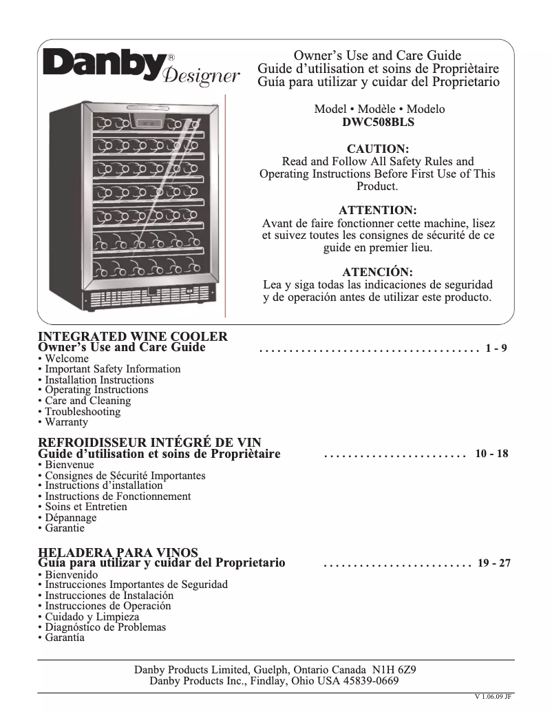 Page 1 of the manual User Manual Danby DWC508BLS