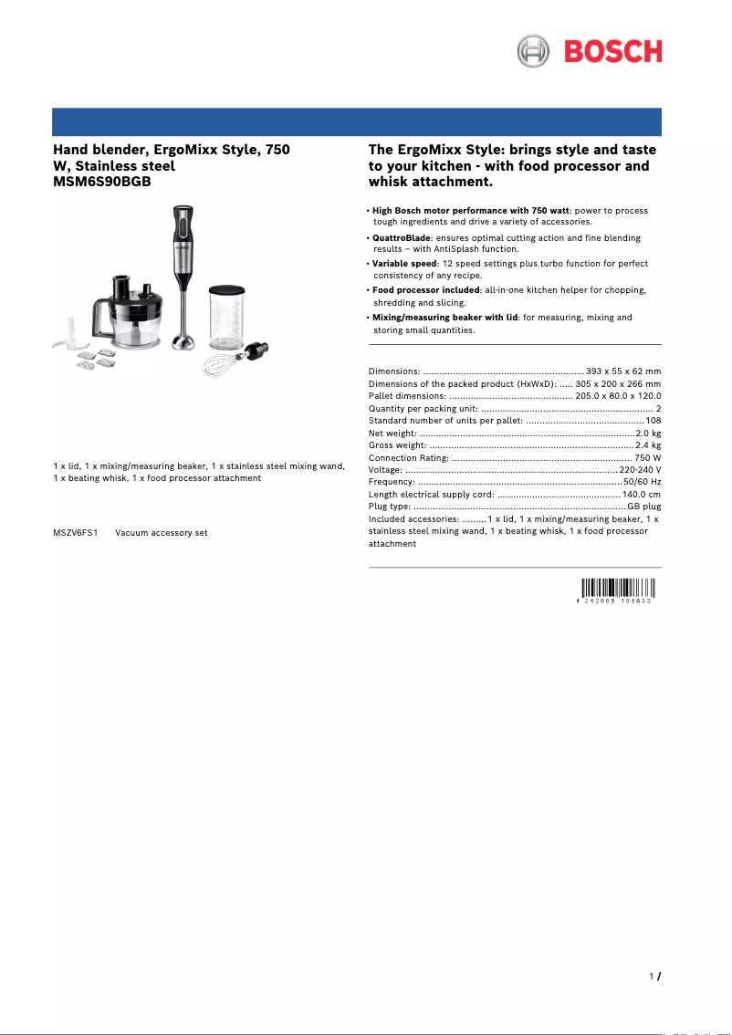 Page 1 of the manual Technical Sheet Bosch ErgoMixx MSM6S90B
