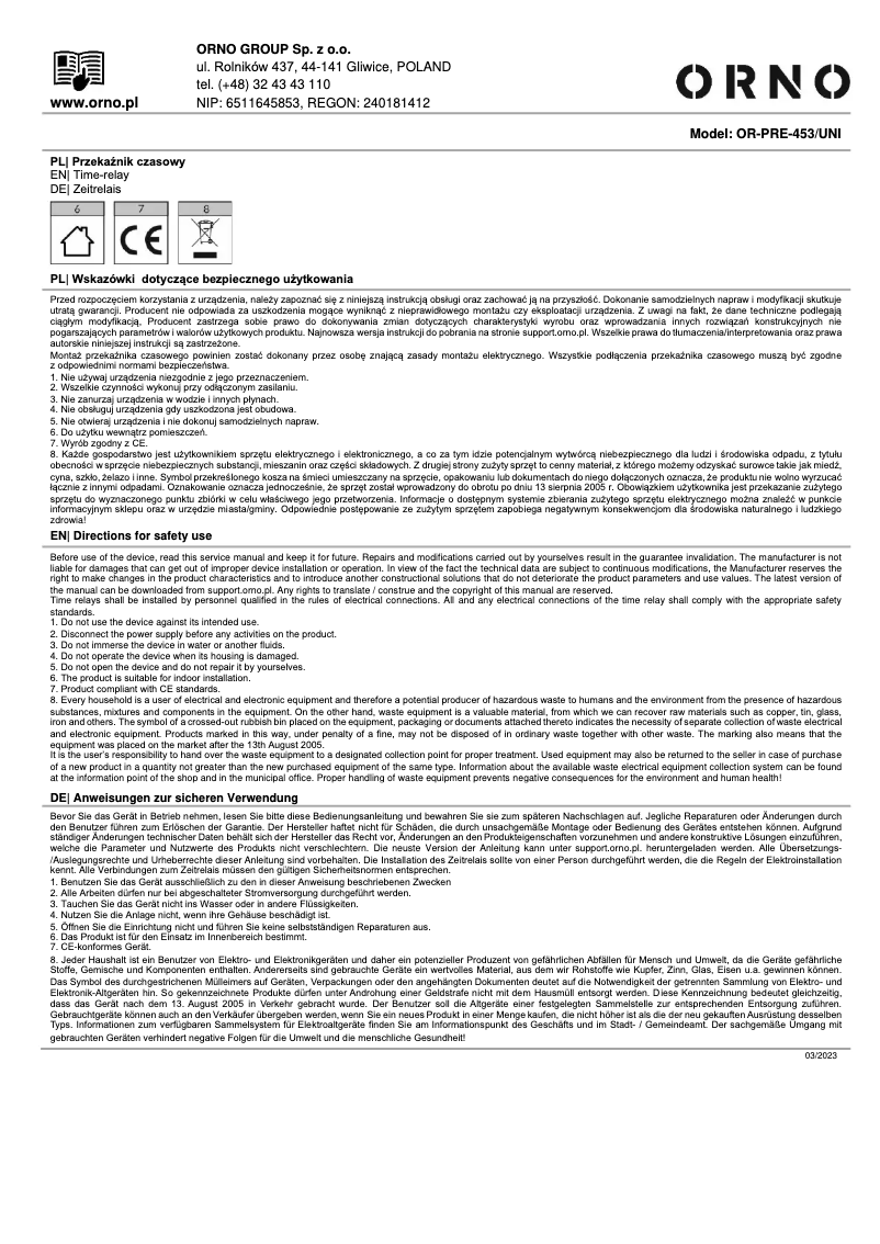 Page 1 de la notice Manuel utilisateur ORNO OR-PRE-453