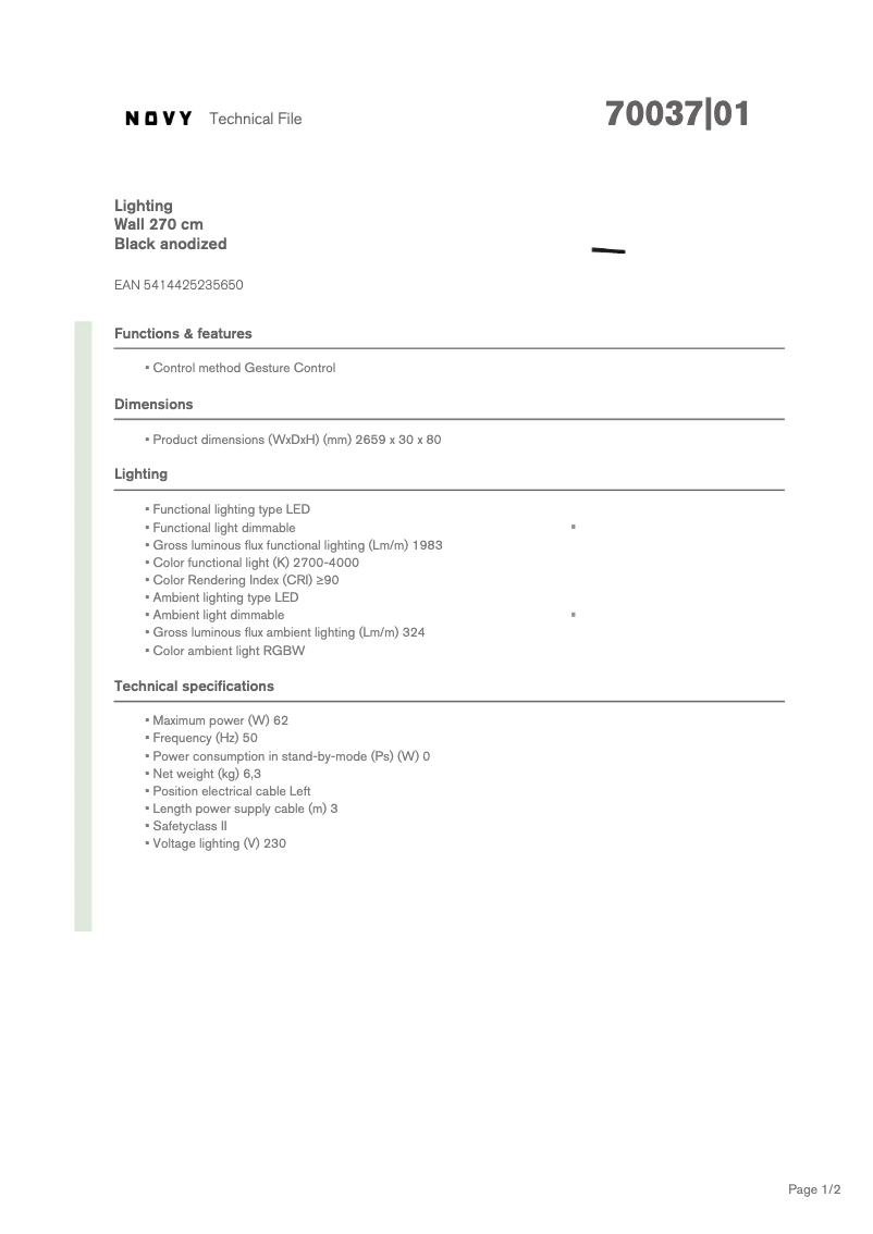 Page 1 of the manual Technical Sheet Novy Wall 70037