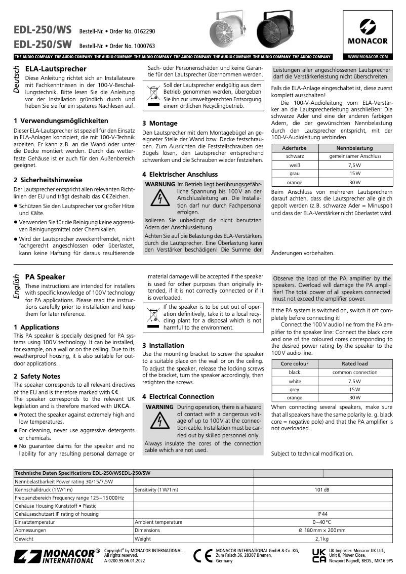 Page 1 of the manual User Manual Monacor EDL-250/SW