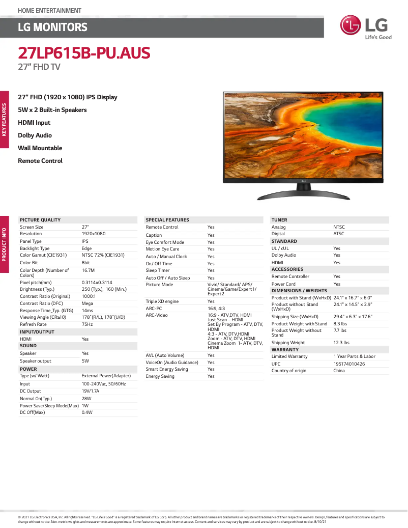 Page 1 of the manual Technical Sheet LG 27LP615B